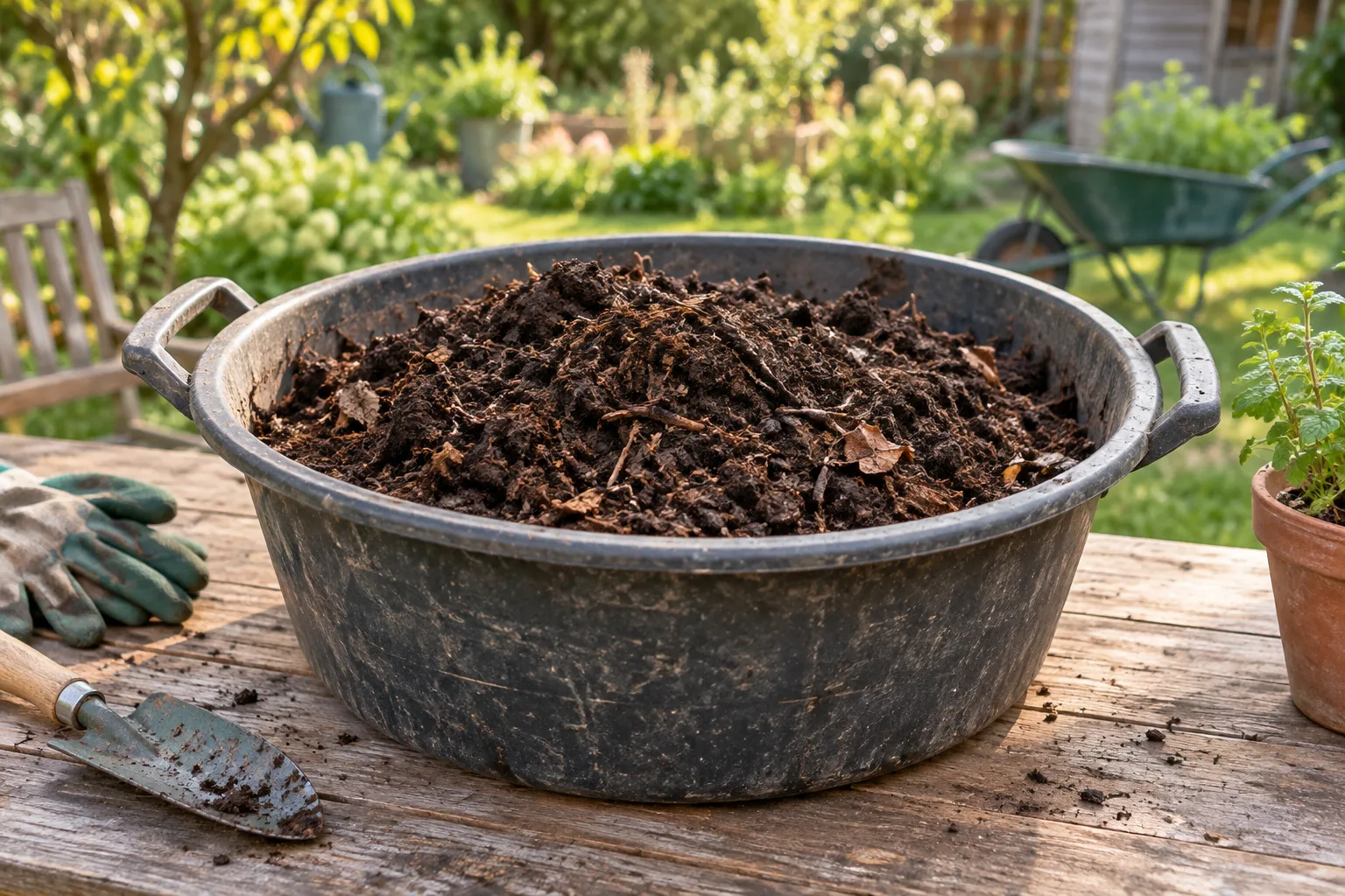 Grande vasca di plastica con terriccio compost maturo su tavolo da giardino