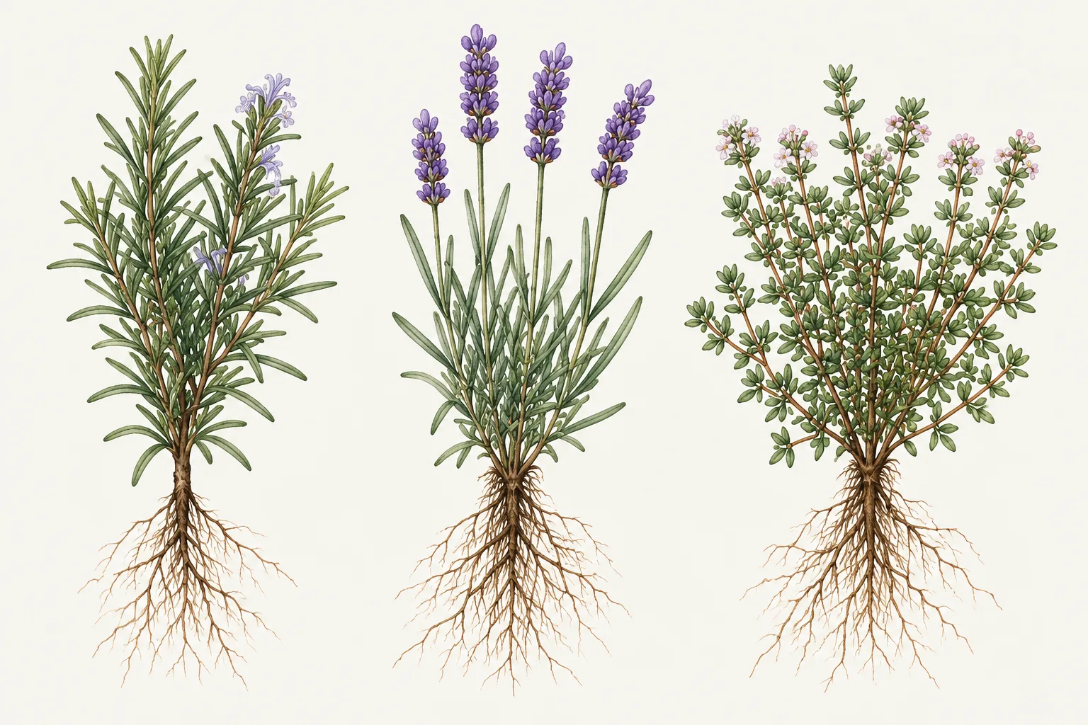 Illustrazione botanica di rosmarino, lavanda e timo con le radici visibili.
