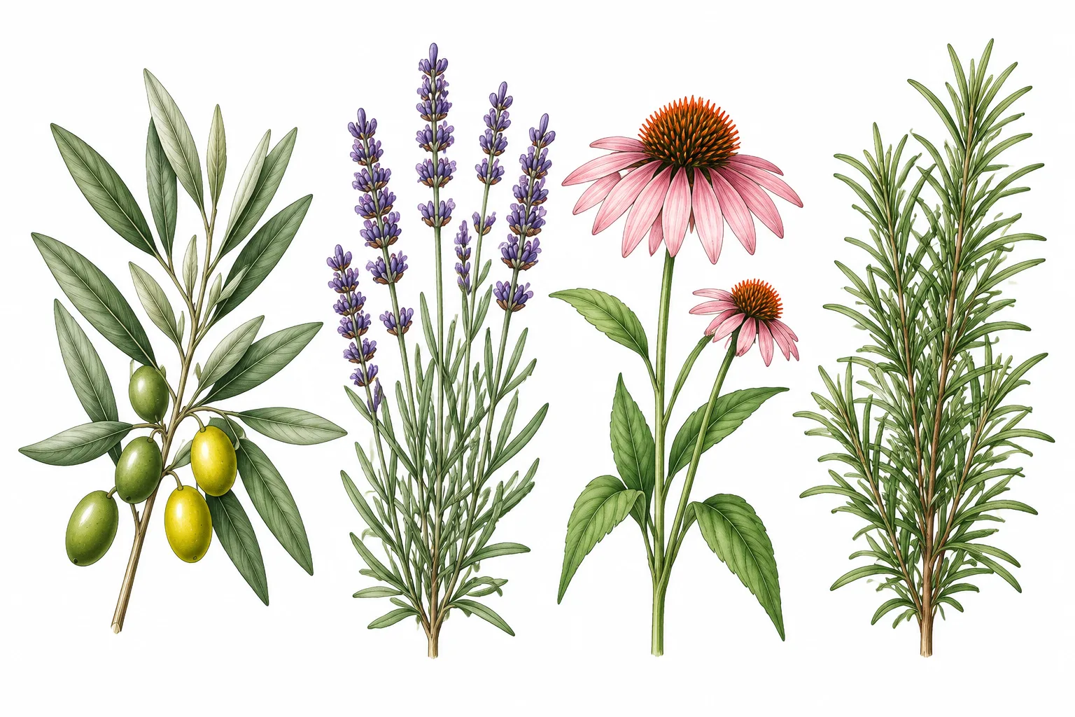 Illustrazioni botaniche di olivo, lavanda, echinacea e rosmarino