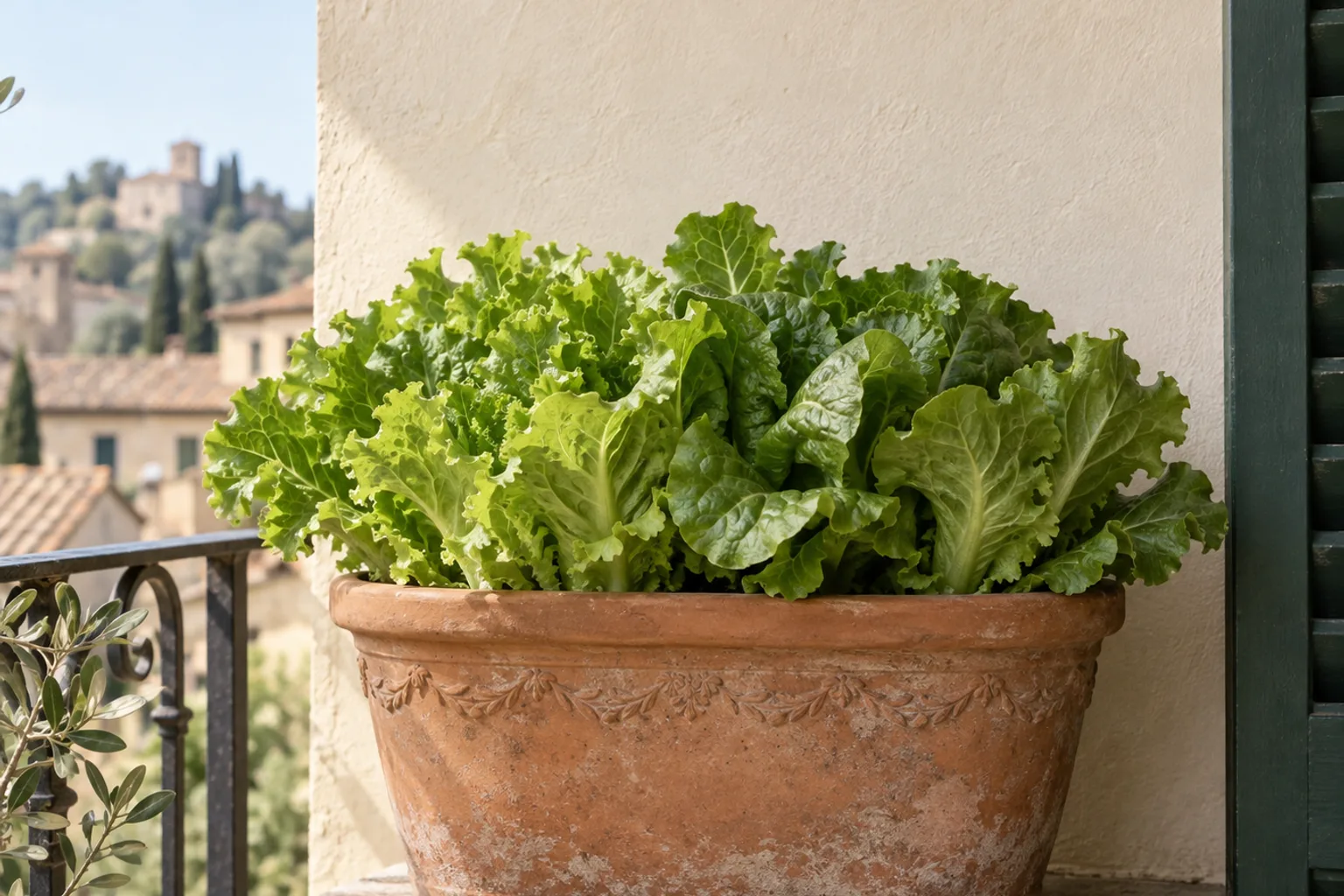 Vaso di terracotta sul balcone con lattuga verde rigogliosa e foglie frastagliate