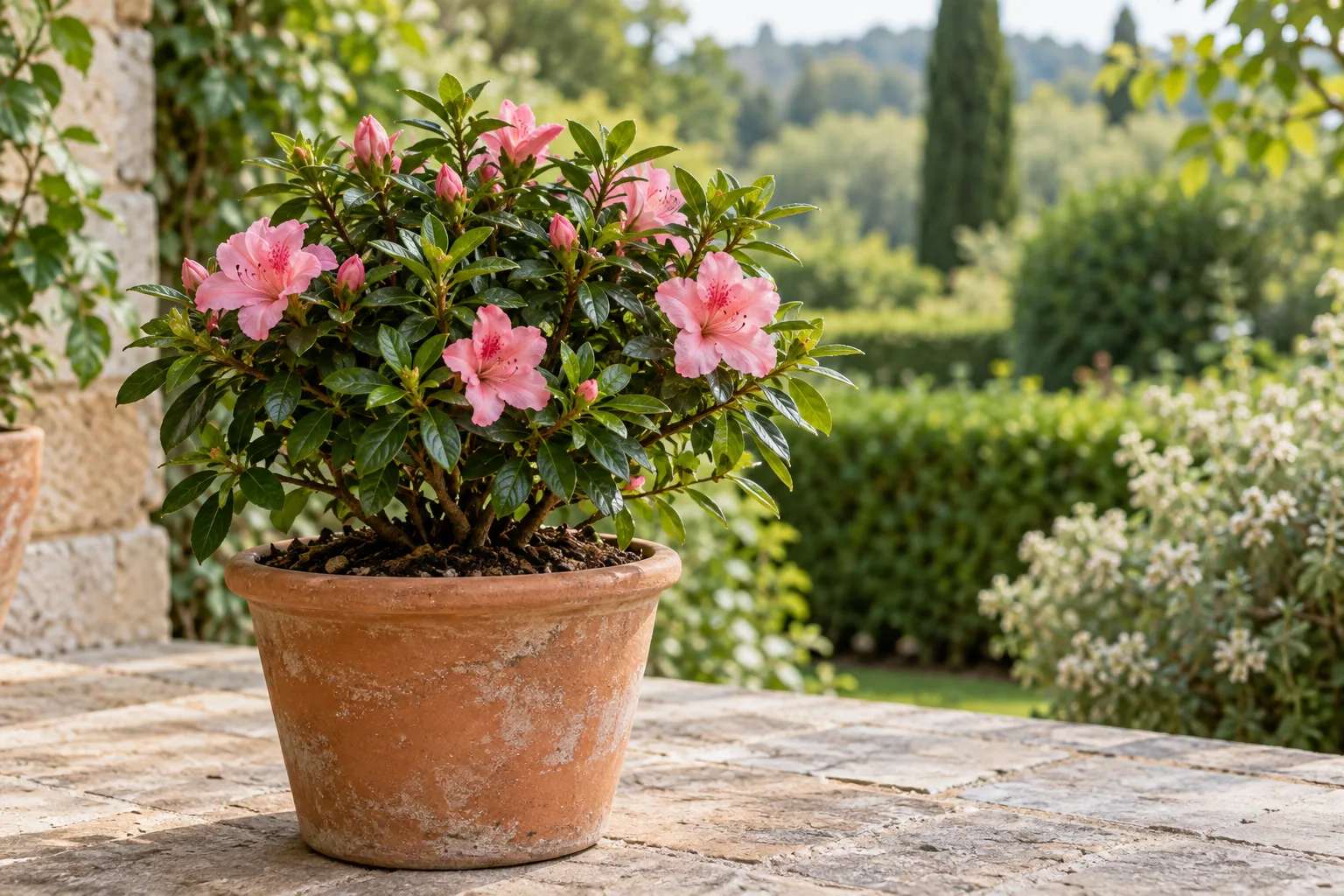 Azalea rosa fiorita in vaso di terracotta su terrazza soleggiata, giardino sullo sfondo