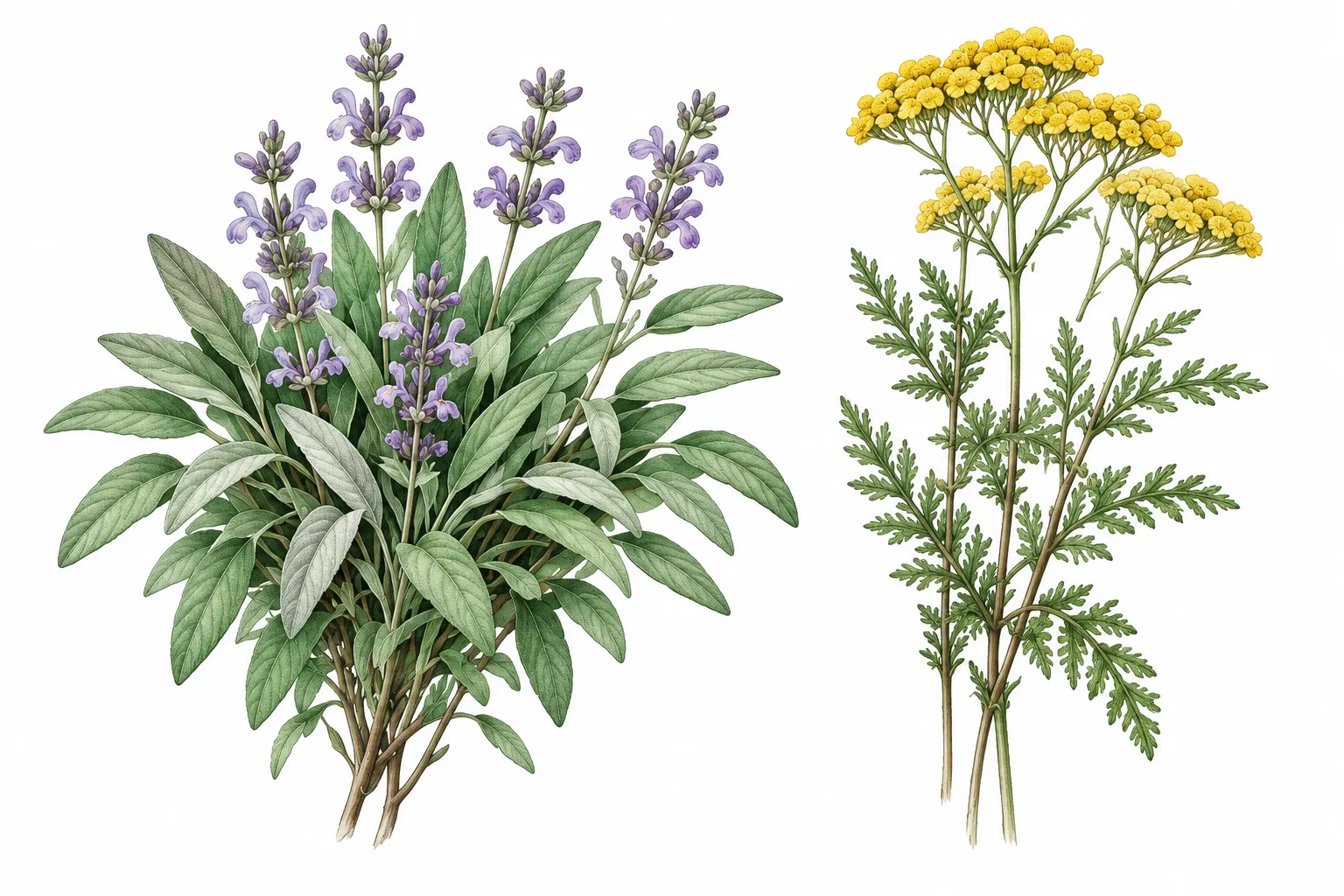 Illustrazione botanica di salvia in fiore e achillea gialla